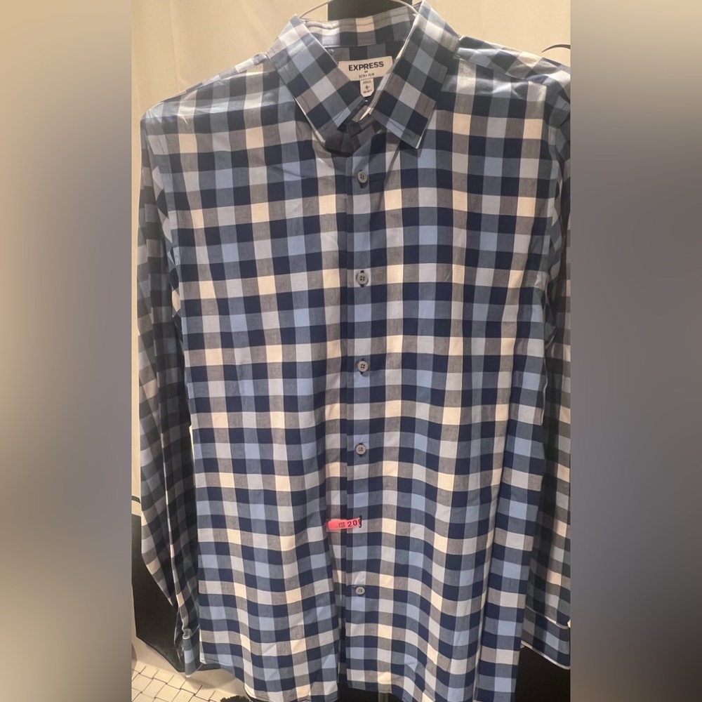 Express Navy and Light Blue Plaid Shirt